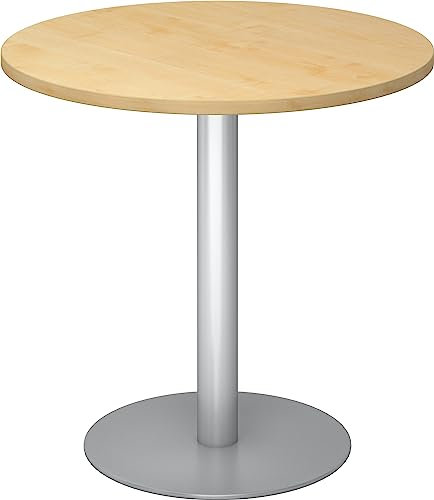 bümö Besprechungstisch, Esstisch klein, Tisch rund 80 cm - Kleiner Esstisch Ahorn, Rundtisch Esstisch 2 Personen mit Holz-Platte, Säule aus Metall in Silber, Konferenztisch, Bistrotisch
