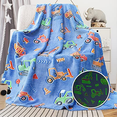 Truck Blanket for Boys Kids, Construction Excavator Tractor Throw Blanket, Easter Gifts for Boys Age 3-12, Toddler Blanket, Car & Truck Theme Room Decor, Soft Cozy Glow in The Dark Kids Throw Blanket