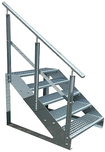 Kaminbau Mierzwa Premium Treppe Freistehend 5 Stufen Geländer Links (Breite 1400 mm) (Höhe 95cm) Wetterfest Gitterroststufe Gartentreppe