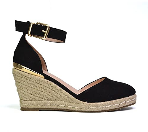 ESSEX GLAM Women's Wedge Heels Ladies Ankle Strap Mid Heel Closed Toe Espadrille Sandals Shoes Size 3-8