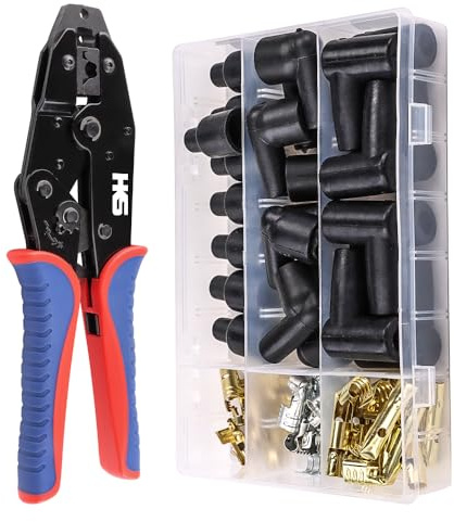 Spark Plug Wire Crimping Tool Kit for Ignition Cables, Ratcheting Crimper, 24 Spark Plug Terminals (180° 90° Straight), 24 Boots, Fits up to 8.5mm Wires