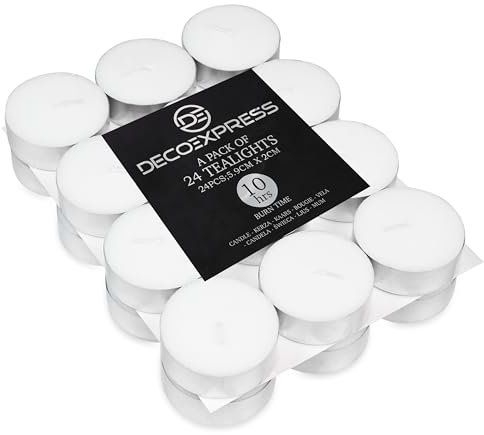 DECO EXPRESS Teelichter Großpackung, 24, 25, 50, 100 oder 200 Teelichter Lange Brenndauer 4, 8 oder 10 Stunden (Weiß, 24-10 Stunden)