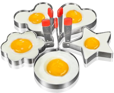 Rierousy 5 Stück Eierformer Spiegeleierformen Mit Silikongriff 304 Edelstahl Egg Ring Spiegeleierformen für die Pfanne Edelstahl Pfannkuchen Omelettform Eierringe Pancake Form Küchenwerkzeugen