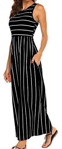 BDTECAOR Damen Sommer Casual Streifen Maxikleid Ärmellos Lockere Strand Swing Tank Kleider Schwarz L