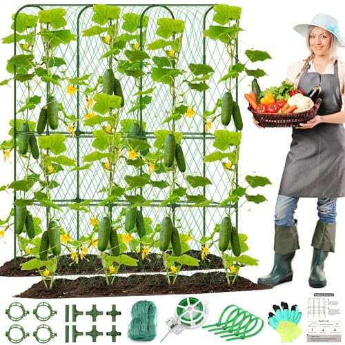 Gurken Rankgitter für Hochbeet, Hoch Metall Garten Rankhilfe für Kletterpflanzen Outdoor mit Netz, Handschuhen, Gartengeräten, Rankhilfe für Gemüse Pflanzenunterstützung Erbsen Obst Blume Traube