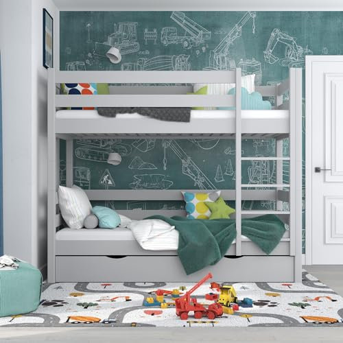 N-wood N01 Etagenbett mit Schublade 80x180 cm, Hochbett Holz 100%, 2 Leitermontageseiten: Links oder rechts, sichere abgerundete Kanten, Hochwertige und umweltfreundliche Lacke, Grau