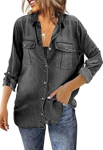 Saodimallsu Chemise en jean à manches longues pour femme - Chemise boutonnée - Décontractée - Coupe droite - Avec poches de poitrine, Noir , M