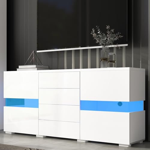 KOMHTOM Meuble TV LED Blanc Haut Meuble de Rangement pour Salon Chambre à Coucher, Table Television Salon avec 4 tiroirs et 2 Portes de Meuble