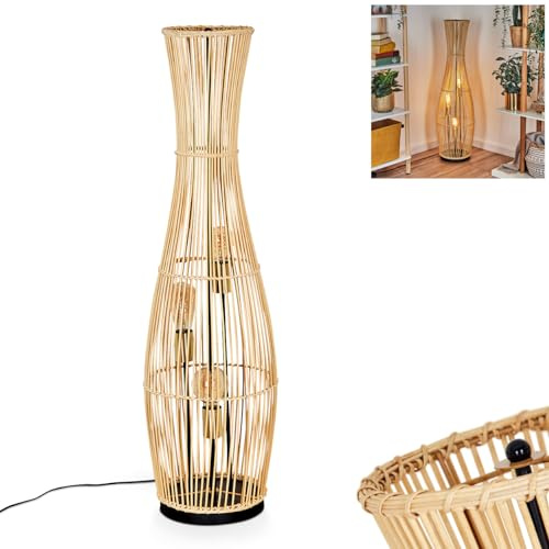 HOFSTEIN Stehleuchte Staby, moderne Stehleuchte aus Metall/Bambus in Schwarz/Naturfarben, Leuchte im Boho-Style mit Fußschalter am Kabel, Höhe 103cm, Ø 29,5cm, 3 x E27, Wohnzimmer, Schlafzimmer, Flur