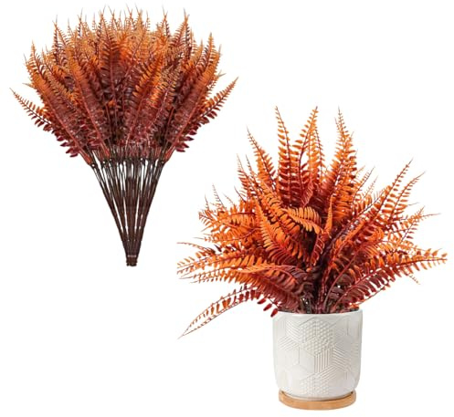 Zayookey 12 helechos artificiales marrones para exteriores, helechos artificiales de Boston, plantas artificiales resistentes a los rayos UV, arbustos vegetales, plantas de plástico falsas para