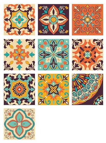Fliesenaufkleber Orange Blue Flowers Selbstklebende Klebefliesen, Wandfliesen Aufkleber,Wasserdicht Fliesensticker Fur Kuche Badezimmer Dekorative Stickerfliesen,Wohnzimmer Dekoration15X15Cm