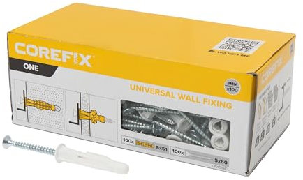 Corefix One Lot de 100 chevilles et vis murales universelles résistantes (100 kg en maçonnerie) Fixation murale Convient à tous les types de murs Parfait pour monter des étagères, accrocher des
