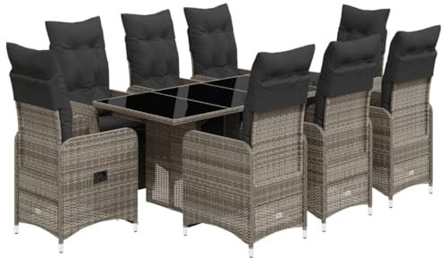 vidaXL Garten Bistroset 9-TLG., Balkonset mit Kissen, Gartenmöbel Tisch 8 Verstellbare Stühle, Balkonmöbel Sitzgruppe Gartengarnitur, Grau Poly Rattan