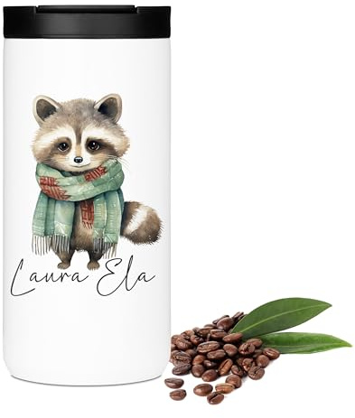 GRAZDesign Kaffeebecher Waschbär mit Namen personalisiert - zu Weihnachten, Thermobecher Edelstahl 400 ml