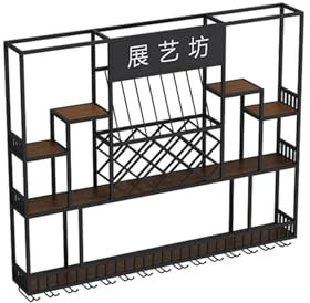 Portabottiglie da parete in metallo con supporto per bicchieri, espositore per bottiglie di vino nero, decorazione per casa e bar (120 x 20 x 120 cm)