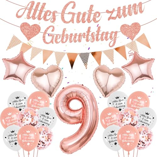 luftballon 9. Geburtstag Deko Rosegold - 57 Stücke Mädchen 9. Geburtstagsdeko Banner, Folienballon Zahl 9, 9 jahre Alles Gute zum Geburtstag Girlande für Kindergeburtstag Party Ballon Dekoration