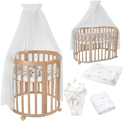 waldin Babybett Oval 7in1, Matratze, Rollen, Regal, Natur | Weiß Zweige, Mitwachsend, Beistellbett aus Holz, Wiege optional
