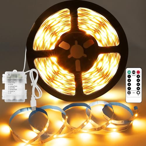 MUSUNIA LED Streifen Batterie - 5M Warmweiß LED Strip Batteriebetrieben oder USB Batteriebetrieben,mit 8 Modi Timer Fernbedienung,Schneidbar Wasserdicht für Schränke, Treppen, Küche, Betten