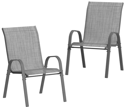 Amopatio 2er Set Gartenstühle Stapelbar, Breiter 55cm Hochlehner Stapelstühle aus Textilene und Metallgestell, Terrassenstühle Balkonstuhl mit Armlehnen Wetterfest, 60 x 72 x 96 cm, Anthrazit