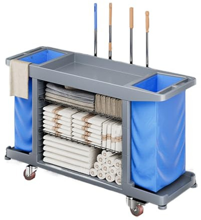 Carro de Limpieza Profesional, Carga Estable, Rejilla para Fregona, Gran Capacidad, Carrito de Lavandería con Ruedas, para Horeca, Hoteles, Familia