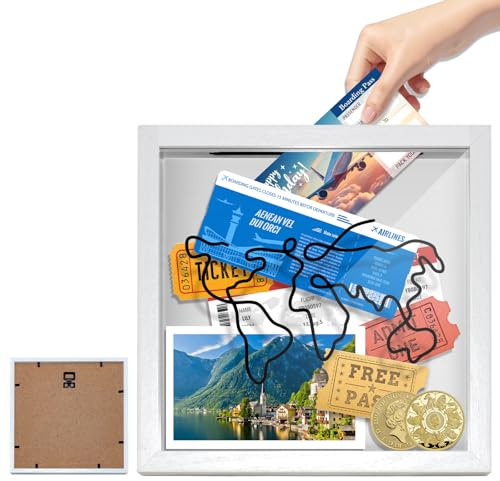 Reise Abenteuer Archivbox, 20 x 20cm Sammelbox Für Erinnerungen mit Schlitz, Ticket Memory Box Holzrahmen Reise Sammelbox, Weiß Schattenbox Bilderrahmen für Reisetickets, Souvenirs, Konzertkarten