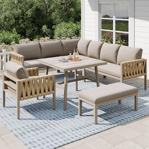 ModernLuxe 8-Sitzer Gartenmöbel Set aus Seilgeflecht – Ecksofa mit Einzelsofa & Couchtisch – Wetterfestes Lounge-Set mit verzinktem Eisengestell, verstellbaren Beinen & Glasplatte –Beige