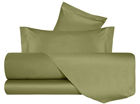 VANITA' DI RASO Completo letto Lenzuola di Raso King Size, Made in Italy, Lenzuolo piano 270x290cm + Lenzuolo Sotto con Angoli 180x200cm + 2 Federe a 2 Volani 50x80cm - Verde Oliva