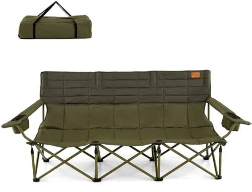 COSTWAY Campingstol för 3 personer, hopfällbar stol med justerbara armstöd, mugghållare och bärväska, 408 kg lastkapacitet, campingsoffa vikbar, vikbar soffa fiskestol för camping, picknick (grön)