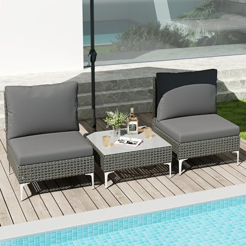 GIANTEX Juego de Muebles de Jardín 3/5/7 Piezas, Sillas de Ratán PE con Cojines de Asiento y Respaldo Ergonómicos, Mesa de Centro, Conjunto de Conversación para Patio, Terraza (Gris, 3 Piezas)
