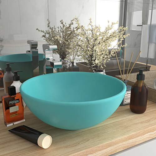 Lavabo da Appoggio Rotondo, Design Moderno in Ceramica con Finitura Opaca, Colore Verde Chiaro, Per Bagno o Lavanderia, Diametro 32.5 cm