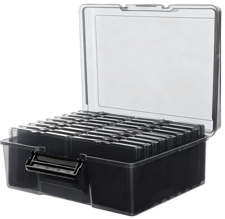 HEIYUET Caja de Almacenamiento para Fotos con 16 Soportes (17 x 12 cm), Organizador de Polipropileno Negro 37,5 x 30 x 13 cm, para Manualidades, Joyas, Tarjetas