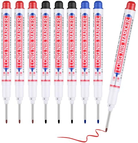 LIQWEI 8 pennarelli per fori profondi, 20 mm, punta extra lunga, per piastrelle, metallo, legno, pietra (nero, blu, rosso)