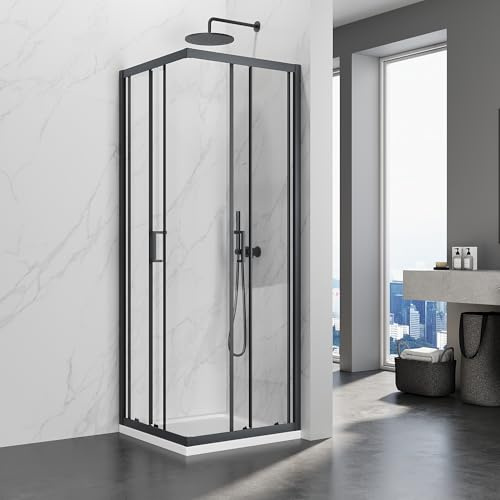 SIRHONA Cabine de Douche 70x70x195 cm Coulissante à Double Ouverture, Noir, Porte de Douche en Verre à Deux Panneaux Fixes avec Verre Transparent de 5 mm, Réglable d'un seul côté 20 mm