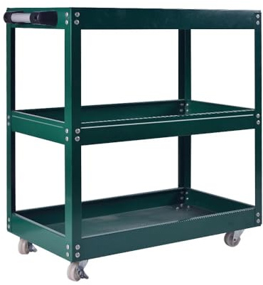 3-Tier Heavy Duty Tool Trolley Cart with Lockable Wheels – Rolling Workshop & Garage Storage Organiser for Tools, Equipment & Parts – Durable Metal Utility Cart with Steel Handle (Green)