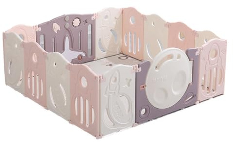 Faltbarer Baby Laufstall, 160x160x60cm, 14 Panele mit Tür, Sicherheitsverschluss, Saugnäpfe, Blau/Rosa, Kinderlaufstall & Babyzaun aus strapazierfähigem Plastik (Rosa-Weiß) #20253