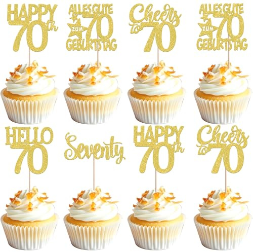 30 Stück 70th Geburtstag Tortendeko Alles Gute zum Geburtstag 70 Kuchen Deko Glitzer Seventy Cupcake Toppers für Prost auf 70th Jahre Jahrestag Party Kuchen Dekorationen Gold