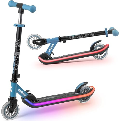 Cariboo Monopattino Per Bambini A 2 Ruote Con Luci LED, 5 Modalità Multicolore E 6 Colori Singoli, Altezza Regolabile, Pieghevole, ABEC7, LEDstar, Turchese