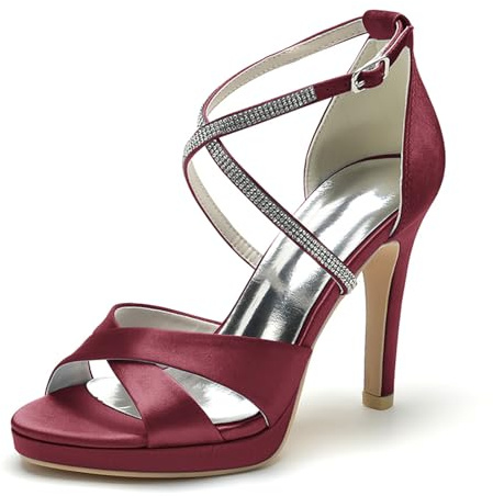 HFWXYSA Mujer Satén Sandalias De Novia De Boda con Tacón Aguja Plataforma Punta Abierta Correa De Tobillo Zapatos De Fiesta,Burgundy,36 EU