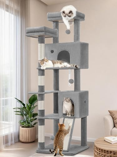 Fobyfurny Kratzbaum Groß, 178 cm Mehrstöckiger Katzenbaum, Hellgrau | 2 Bequemen Katzenhöhlen, Kratzsäulen, Kratzbrett, 2 Oberplattformen, Seitenruheplattform, für Innenräume, Pompons FPMS005FG1