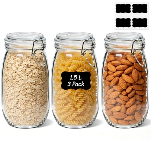 ComSaf 1.5L Round Glass Storage Jars with Clip Top Lids Airtight, 3 Pack | Large Mason Jars, Pickling Jars for Preserving, Canning, Glass Food Storage Containers for Pasta, Flour, Cereal, Dry Food