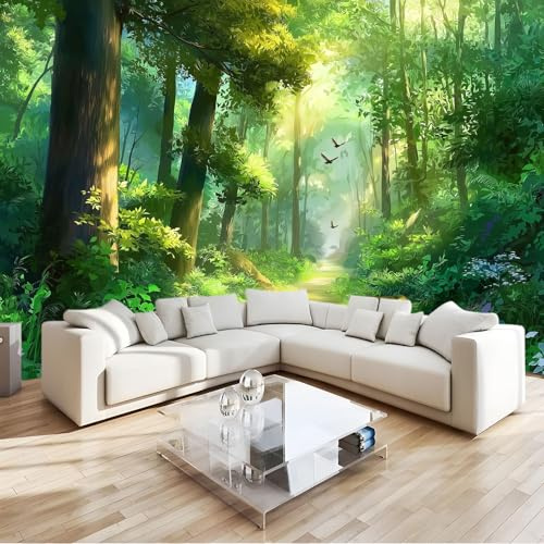 Générique Papier Peint Panoramique Aquarelle Animaux Plantes 400 x 280 (W x H) Décoration Murale Forêt chemin pour Salon Chambre, Tapisserie Murale en Intissé, Vert