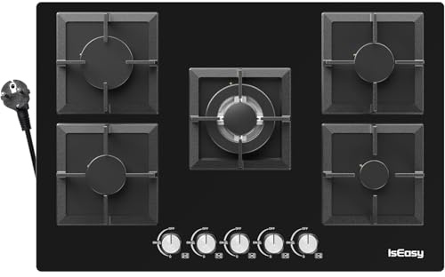 Plaque de Cuisson Gaz 5 Feux, Plaque Gaz 77 cm Encastrable, 10,5 kW, Gaz de Ville et Bouteille, Sécurité Thermocouple, Grille Fonte, Verre Noir