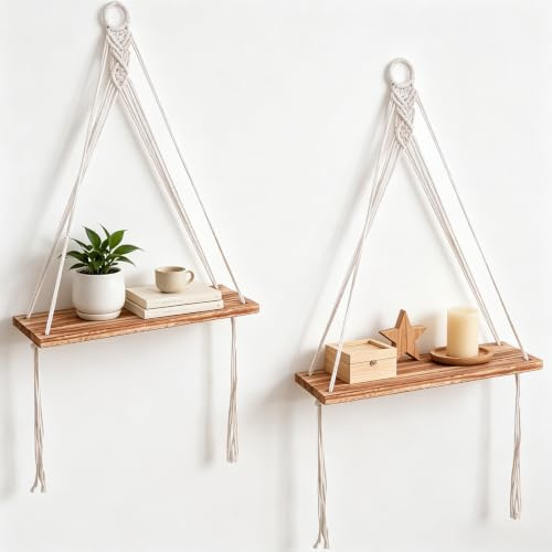 Cerkkapo 2er Set Makramee Wandregal Holz Regal, Hängeregal Holz Seil | Makramee Wandbehang, Boho Deko Hängeregal, Baumwollseil Handgewebte Schweberegal, für Wohnzimmer Schlafzimmer Kinderzimmer