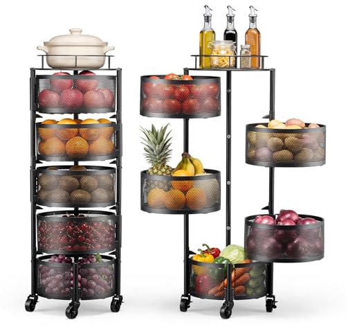 VEVOR Rotating Storage Rack Cart, 5 Tier Fruit and Vegetable Basket Bowls, Heavy Duty Wire Basket Organizer on Wheels, Large Capacity Stand with Metal Top Lid, for Kitchen Bathroom Nursery, Black