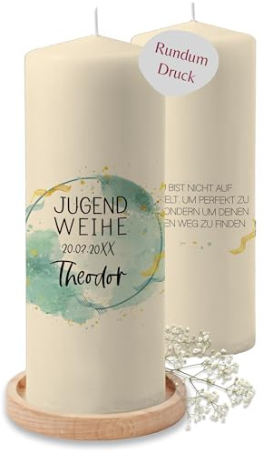 Kerze - Jugendweihe mit Name und Datum Watercolor - personalisierte Deko Geschenke - 230/78 mm - Elfenbein