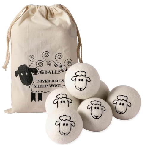 Wool Dryer Balls 6 Pack –Wool Felt Laundry Balls Natural Fabric Softener Anti-Static Reduces Drying Time Clothes Tangling & Wrinkles –Eco-Friendly Reusable with Cotton Storage Bag (White)