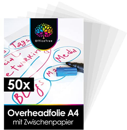 OfficeTree 50 fogli lucidi per lavagna luminosa di alta qualità - DIN A4 trasparenti - per stampante laser, fotocopiatrice, lavagna luminosa - per stampe e proiezioni di alta qualità