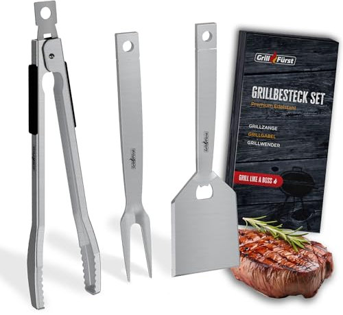 Grillfürst Premium Edelstahl BBQ Grillbesteck - 3-teiliges Grill-Set bestehend aus Grillzange, Grillwender und Grillgabel, Grillwerkzeug mit Ösen zum Aufhängen