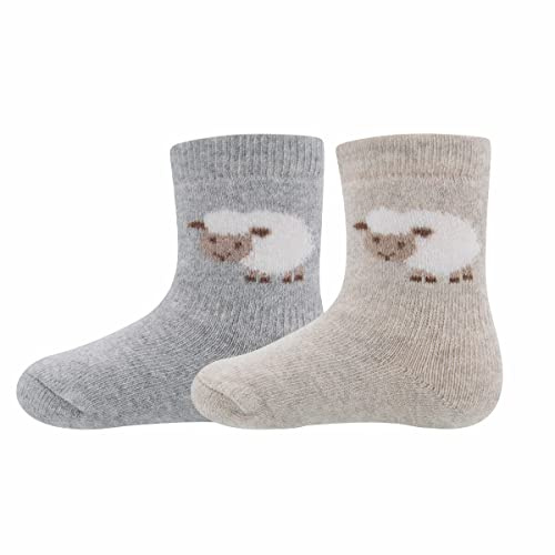 EWERS 2er-Pack Schaf-Socken für Kinder, 2 Paar Kindersocken mit Schäfchen-Motiv, Bio-Baumwolle, GOTS zertifiziert, MADE IN EUROPE, Beige/Grau