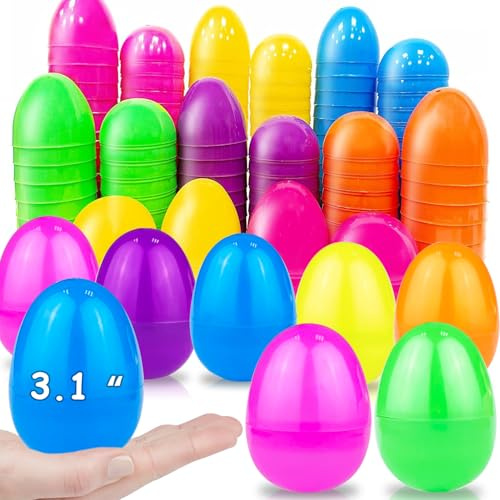 AMENON 3.1 Large Plastic Easter Eggs Bulk Easter Basket Stuffers Essentials 50 Pack Surprise Egg Empty 6 Spring Colors for Kids Toddlers Jumbo Fillable Eggs Hunt Games Party Favors Filling Treats